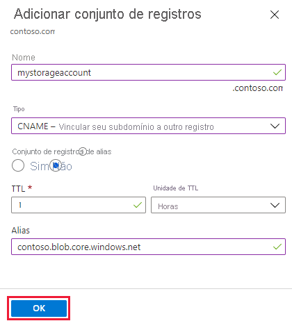 Captura de tela do registro de conta de armazenamento sem o prefixo asverify.