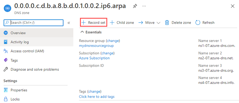 Captura de tela de “criar conjunto de registros de ponteiro IPv6”.