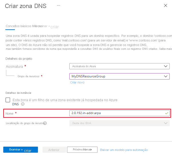 Captura de tela de “criar zona de DNS arpa IPv4”.