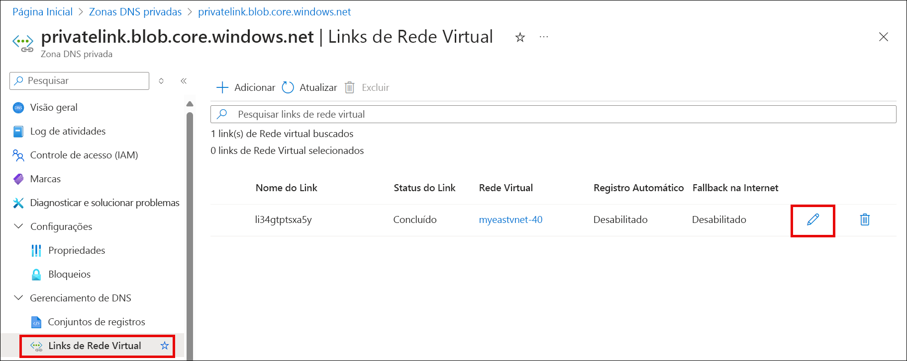 Captura de tela da edição do link de rede virtual.