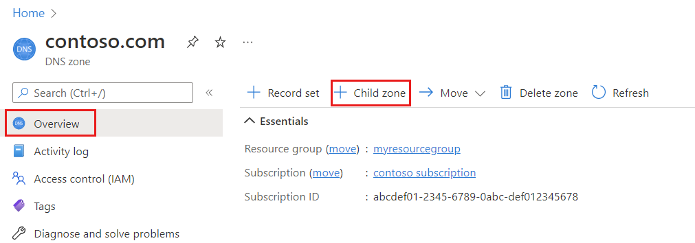 Captura de tela da zona DNS do Azure mostrando o botão Adicionar zona filho.