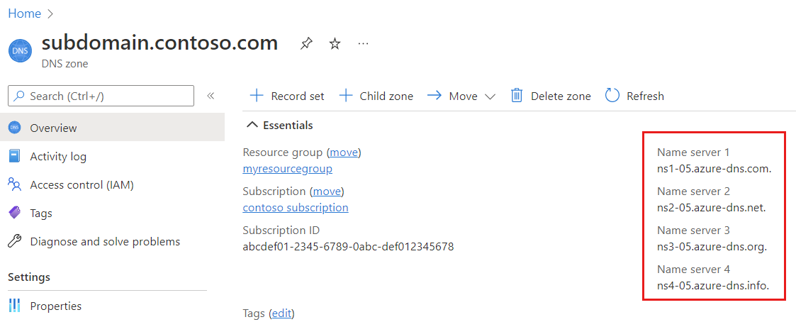 Captura de tela da página de visão geral da zona DNS filho mostrando seus servidores de nomes.