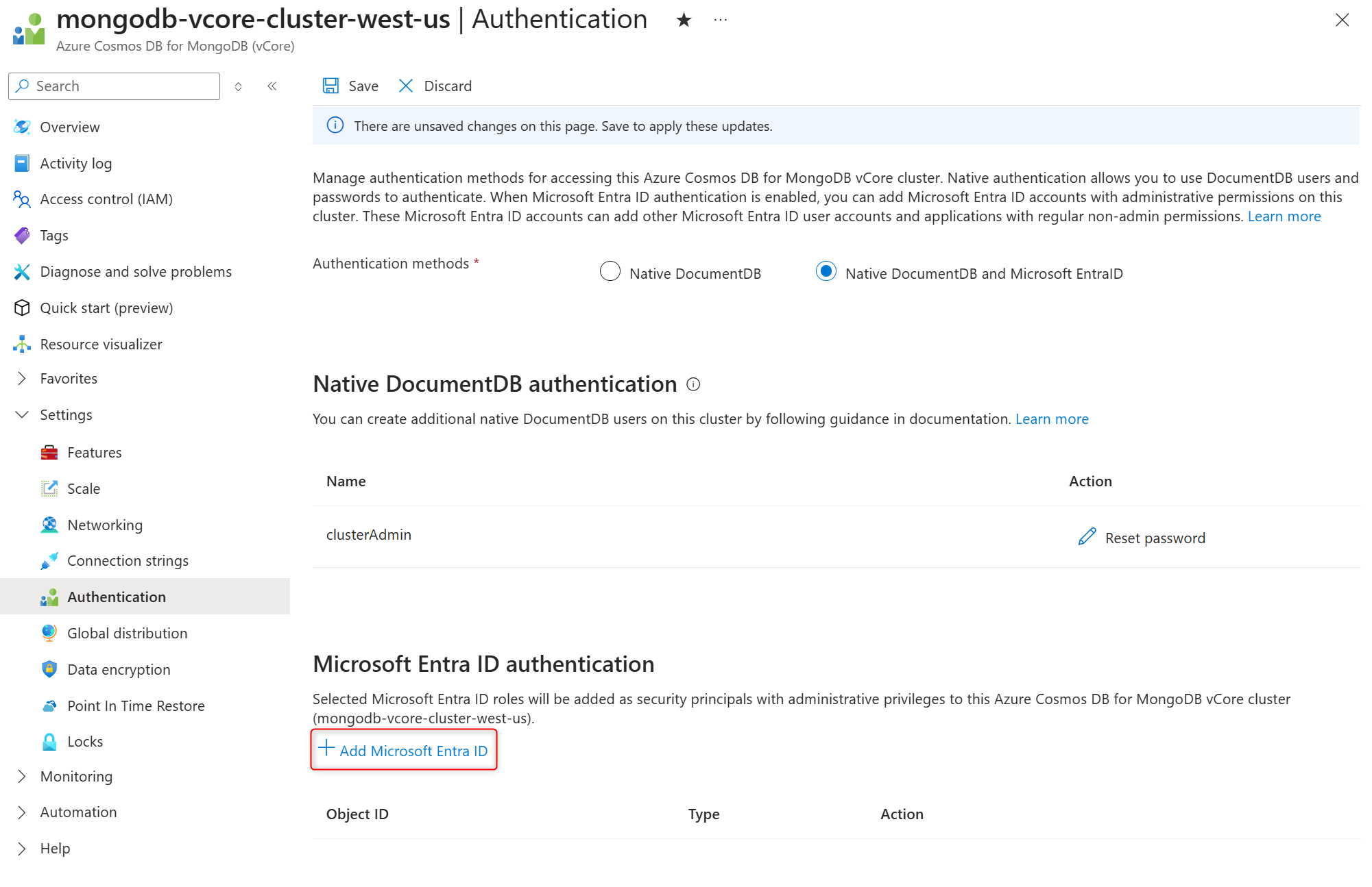 Captura de tela para registrar a identidade gerenciada no Cluster do Azure DocumentDB.