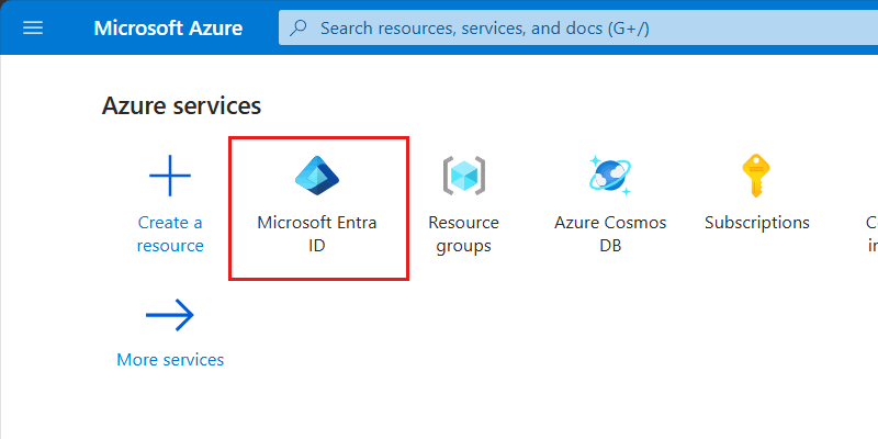 Captura de tela da opção ID do Microsoft Entra na página 'Página Inicial' do portal do Azure.