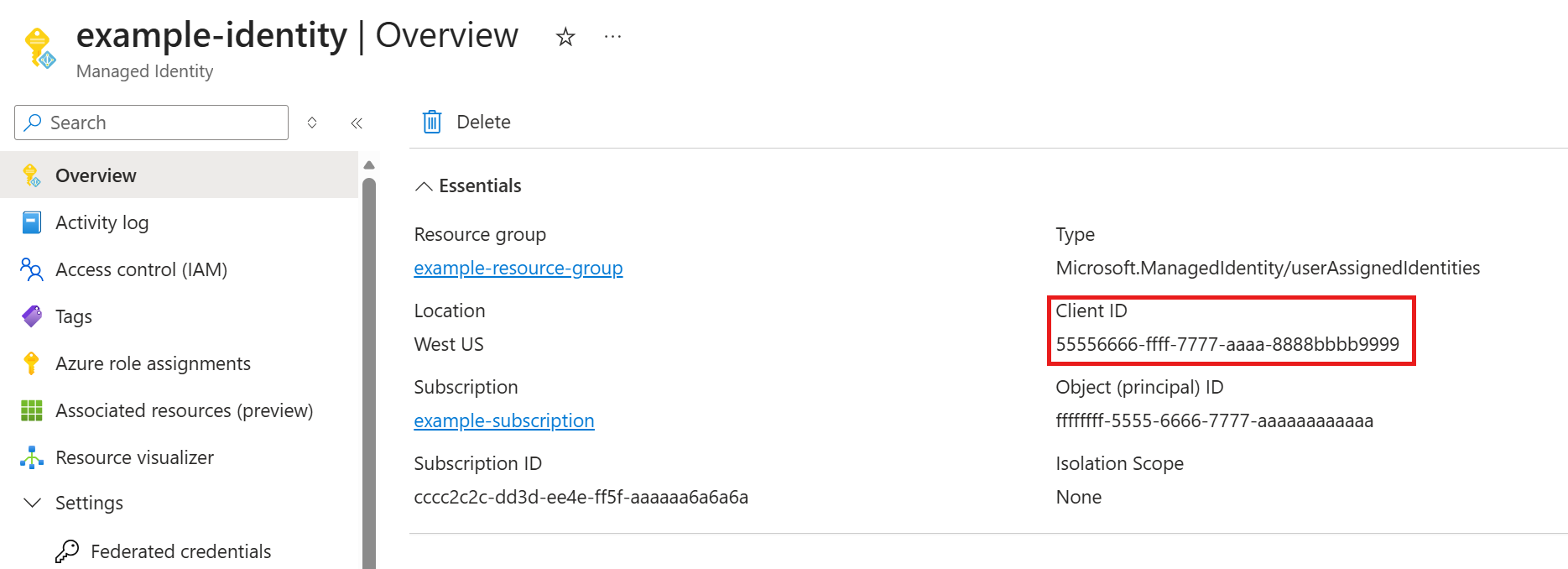 Captura de tela para verificar o clientid necessário para construir a string de conexão do Entra a partir do portal no Azure DocumentDB.