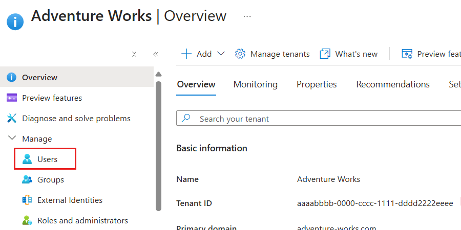 Captura de tela da opção 'Usuários' no menu de serviço do tenant do Microsoft Entra ID.