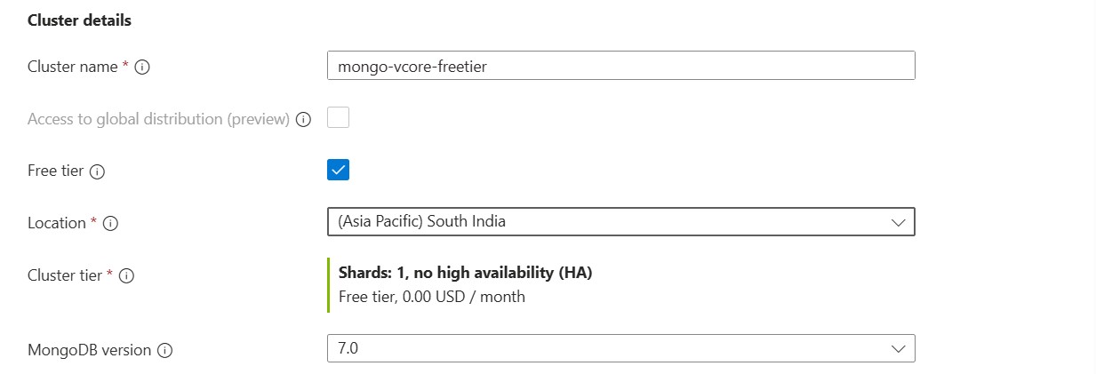 Captura de tela do provisionamento do nível gratuito.