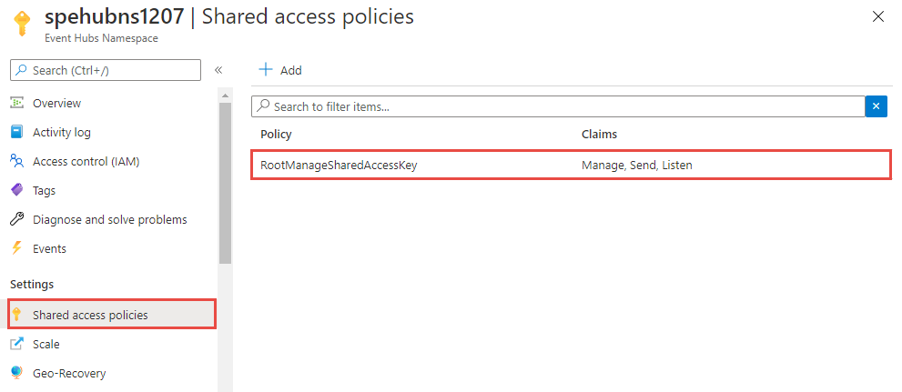 Shared access policies page for an Event Hubs namespace