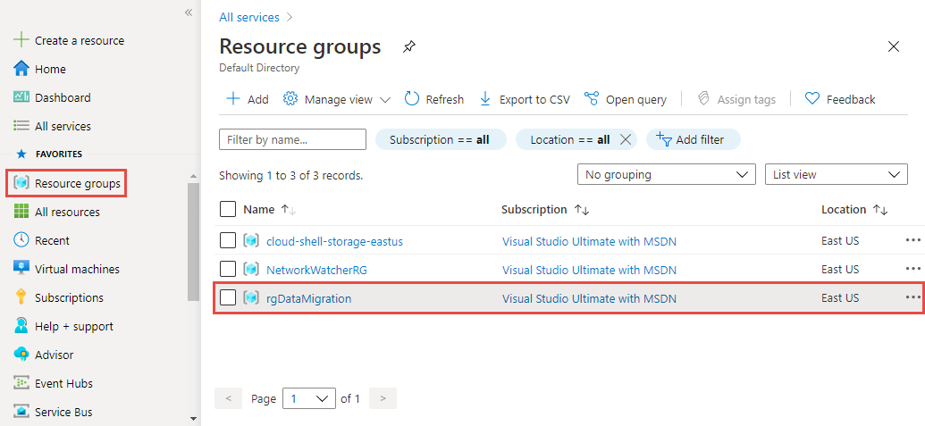 Screenshot showing the selection of your resource group.