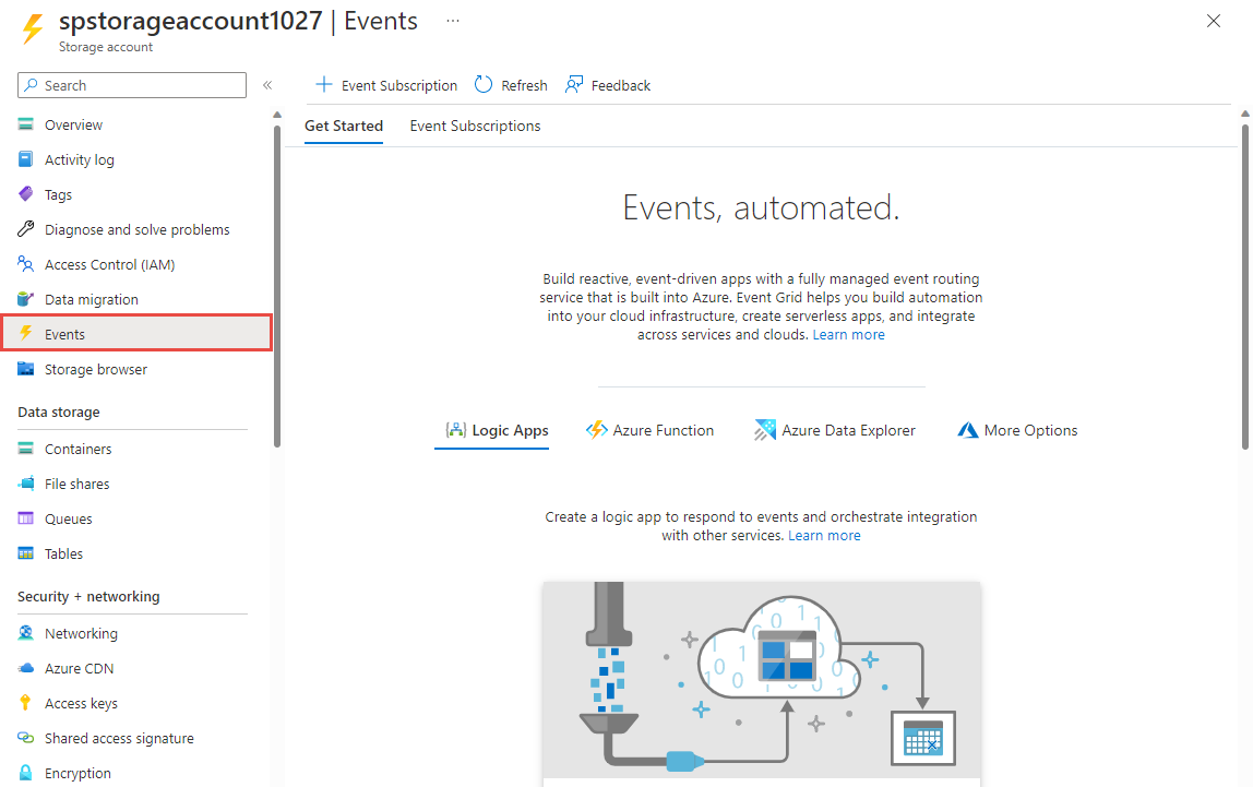 Screenshot showing the Events page for an Azure storage account.