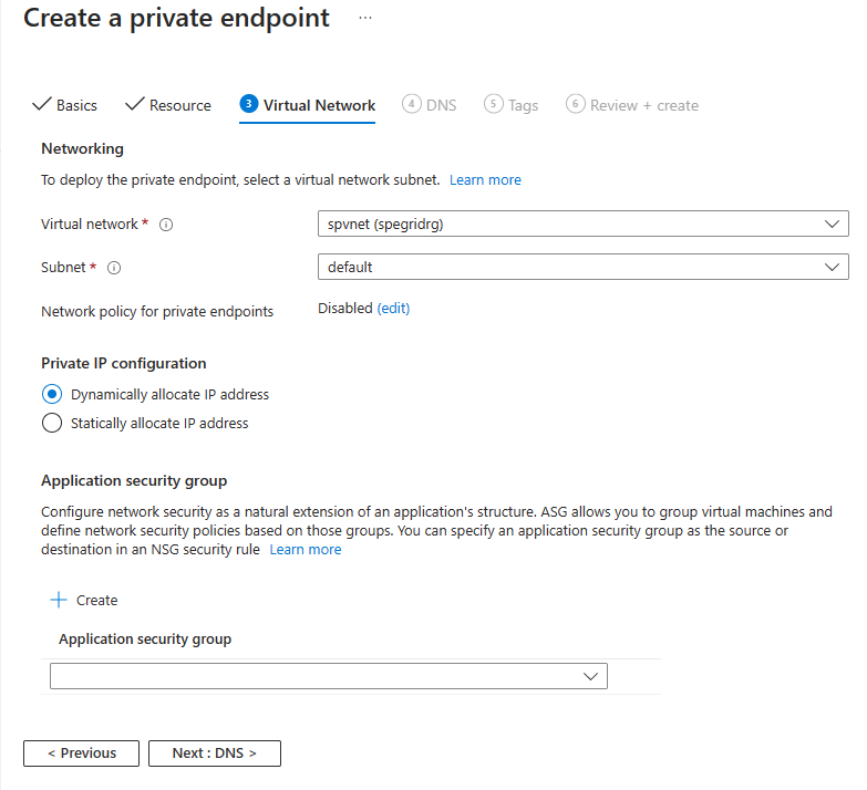 Captura de tela mostrando a página de Rede do assistente Criar um ponto de extremidade privado.