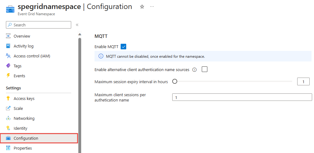 Captura de tela que mostra as configurações de MQTT da Grade de Eventos.