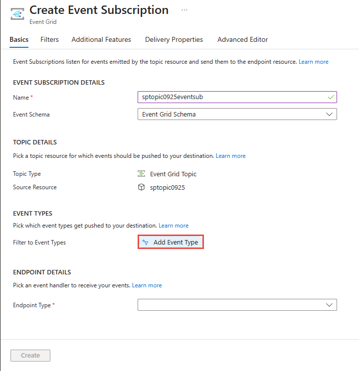 Screenshot showing the Create Event Subscription page for a custom topic.