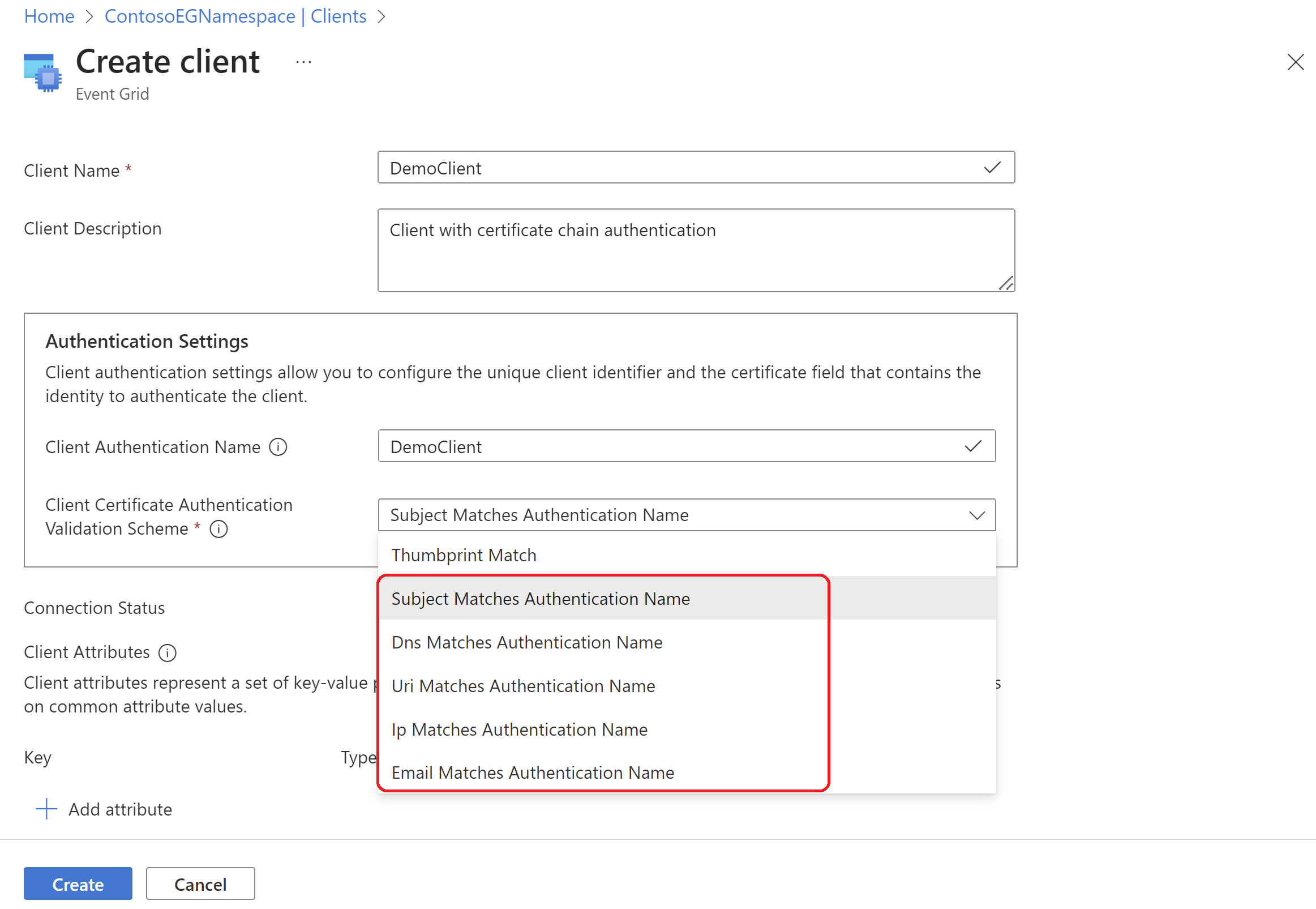 Captura de tela que mostra os metadados do cliente com os cinco esquemas de validação baseadas em cadeia de certificados.