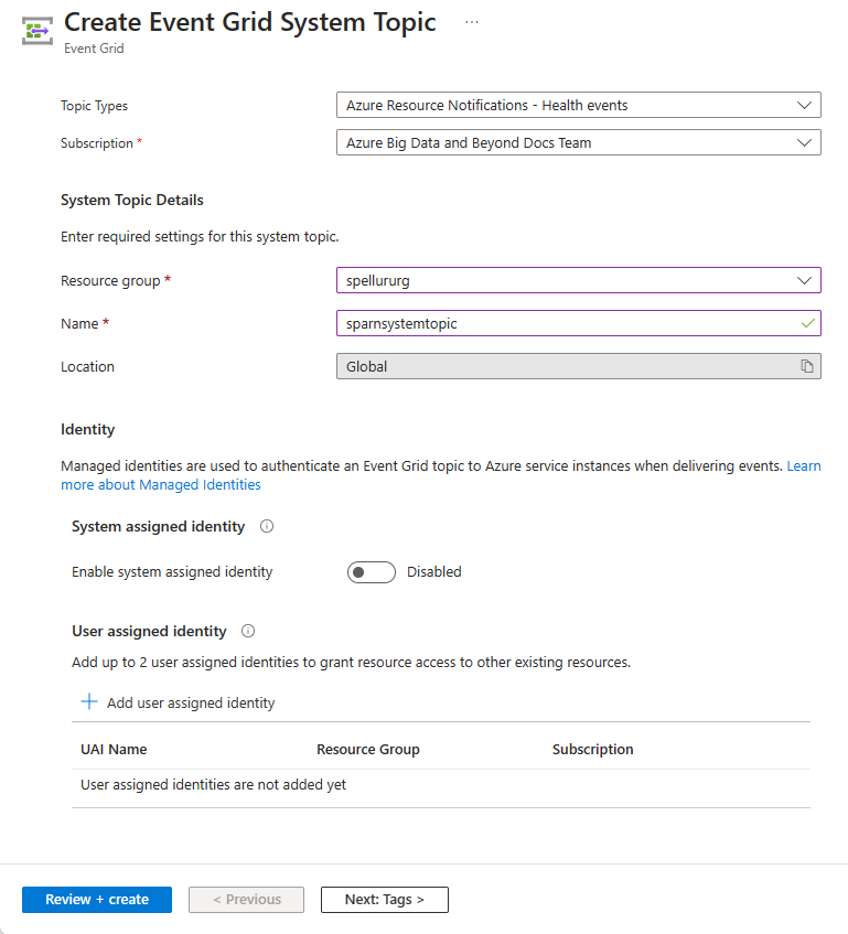 Captura de tela que mostra a página criar tópico completo com detalhes no portal do Azure.