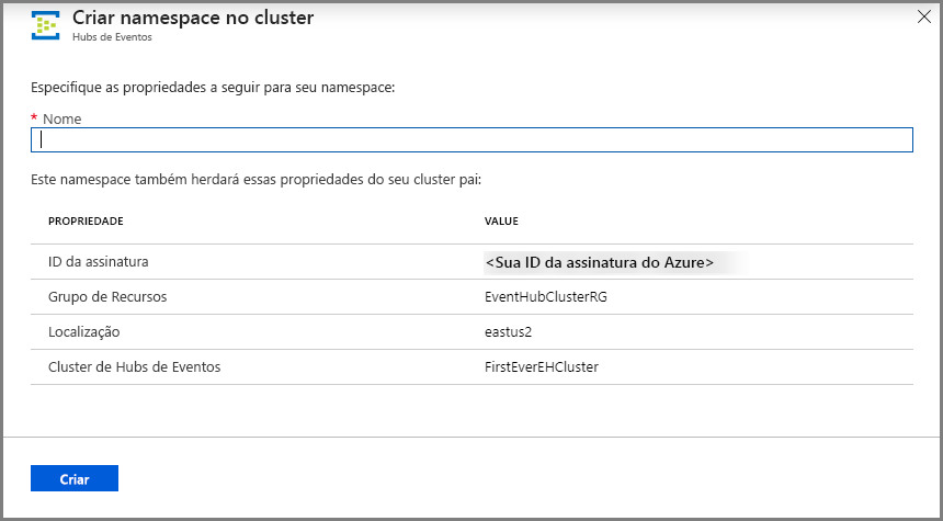 Imagem mostrando a página Criar namespace no cluster.