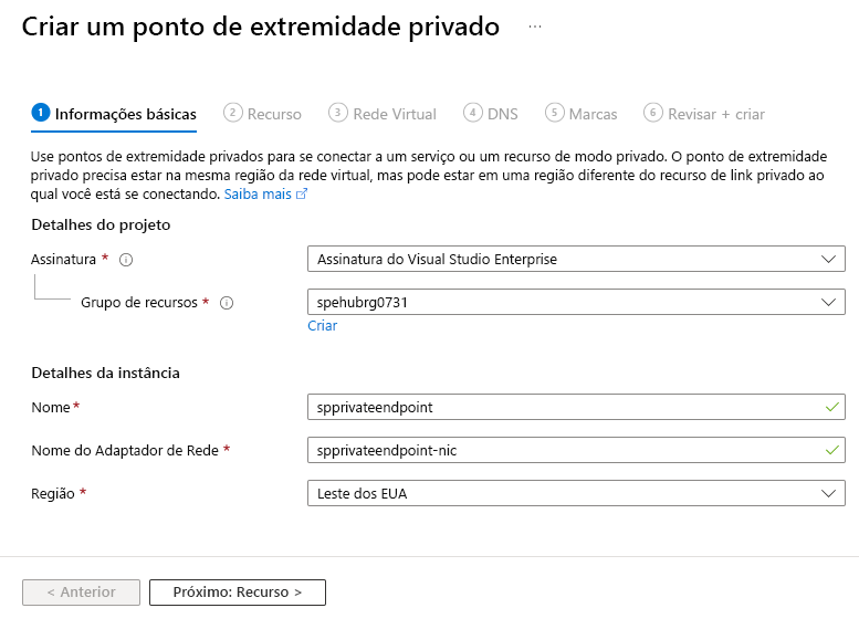 Captura de tela mostrando a página Noções básicas do assistente Criar um ponto de extremidade privado.