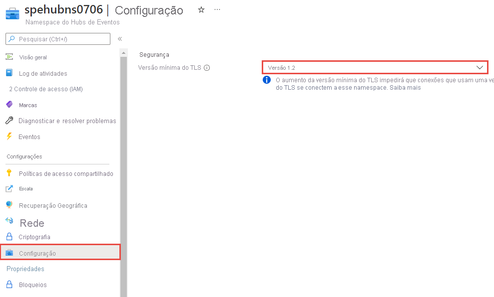 Captura de tela que mostra a página para configurar a versão mínima do TLS para um namespace existente.