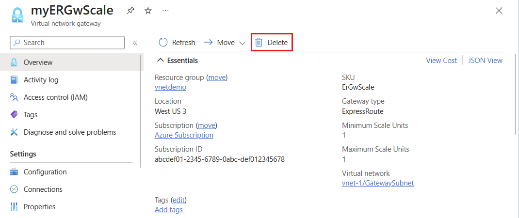 Captura de tela que mostra como excluir o gateway de rede virtual.