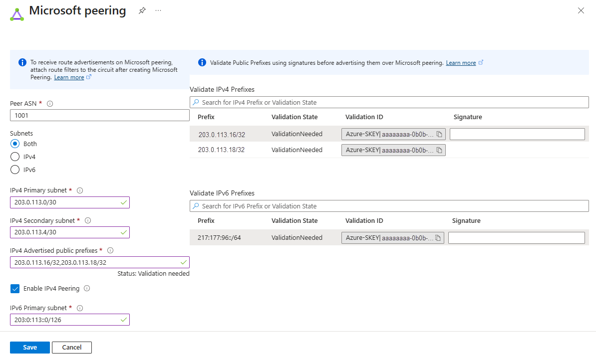 Captura de tela mostrando o campo ID de Validação no portal do Azure para o emparelhamento Microsoft do ExpressRoute.