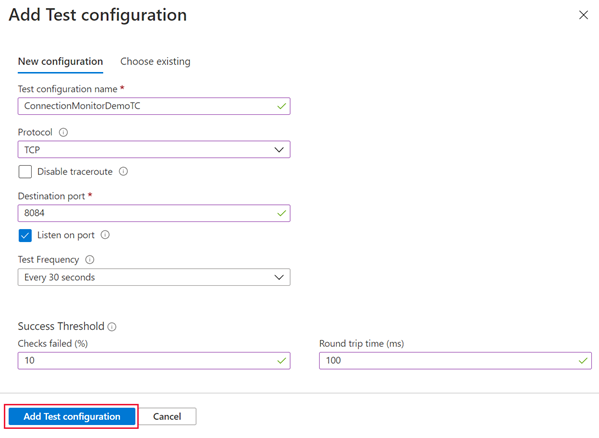 Captura de tela da página Adicionar configuração de teste.