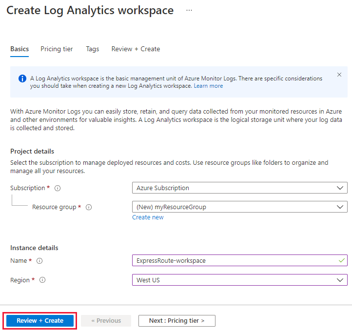 Captura de tela da guia básica para criar workspace do Log Analytics.