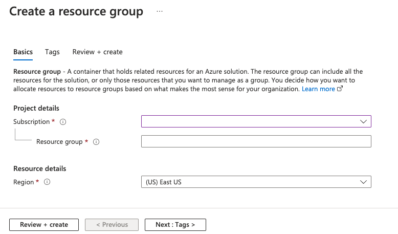 Captura de tela da guia Básico de Criar um grupo de recursos