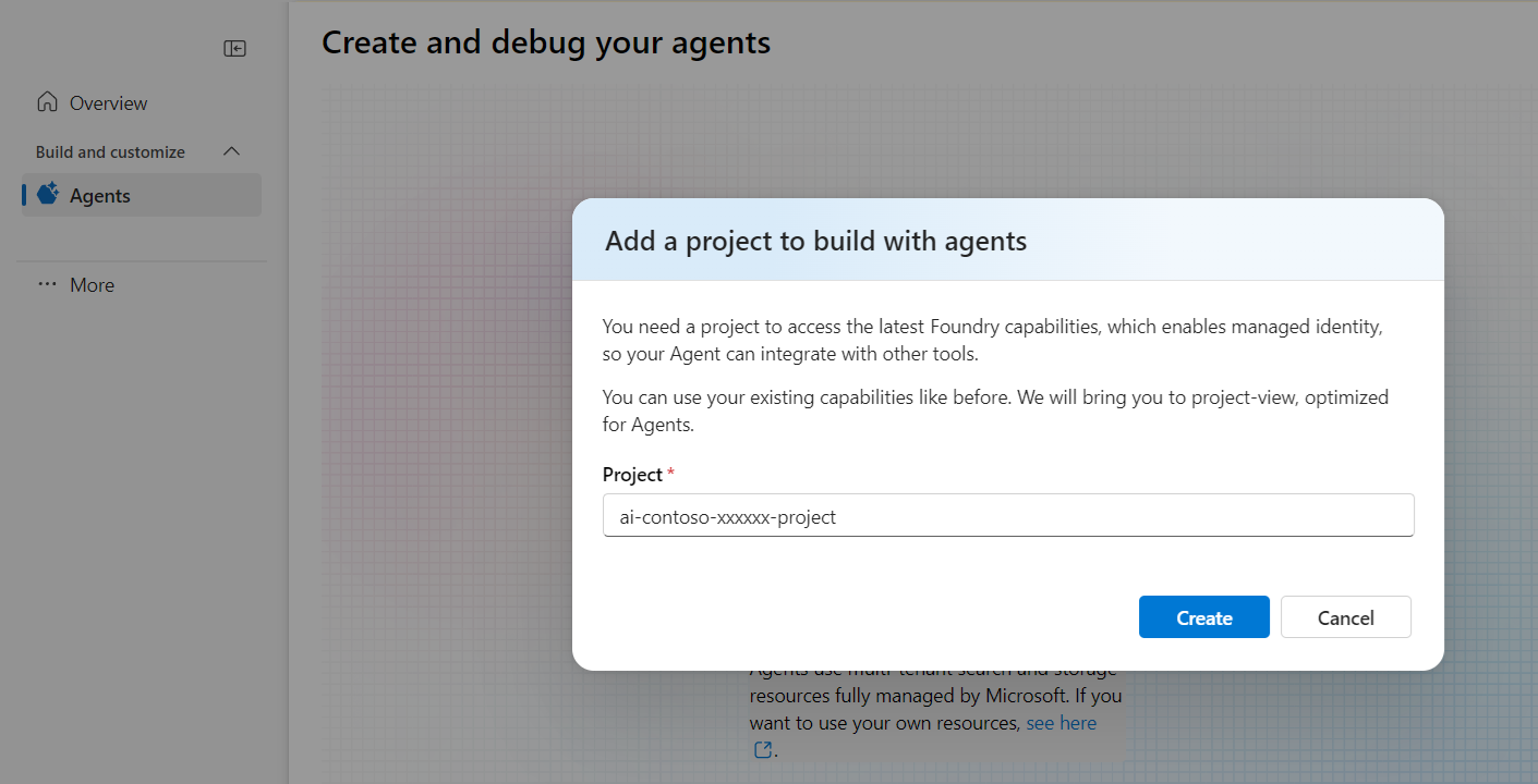 Captura de tela da guia Agentes solicitando a criação de um novo projeto do Foundry.