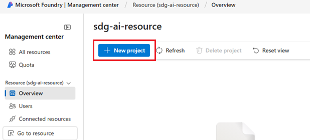 Captura de tela da criação de um projeto no centro de gerenciamento.
