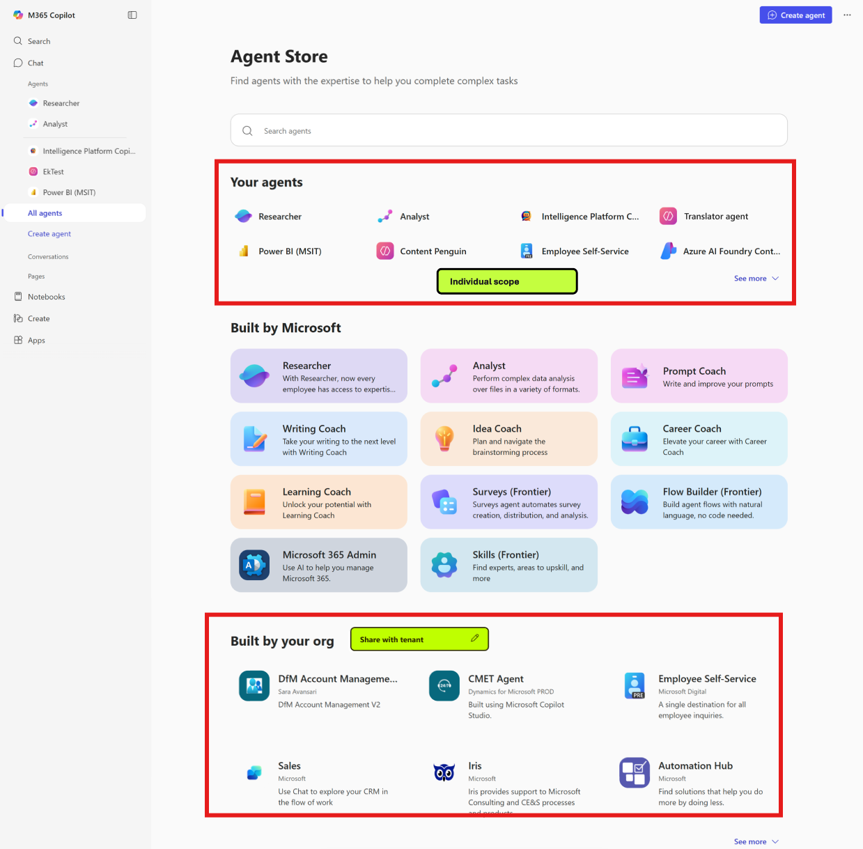 Uma captura de tela da loja de Agentes no Microsoft 365 Copilot.