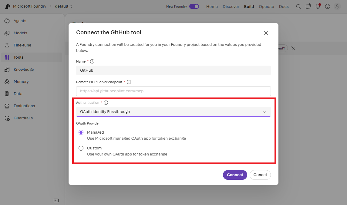 Captura de tela de como configurar um servidor MCP com um fluxo de trabalho on-behalf-of.
