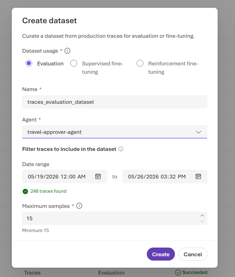Captura de tela da caixa de diálogo Criar conjunto de dados de rastreamentos mostrando o uso do conjunto de dados, nome, agente, intervalo de datas e exemplos máximos.