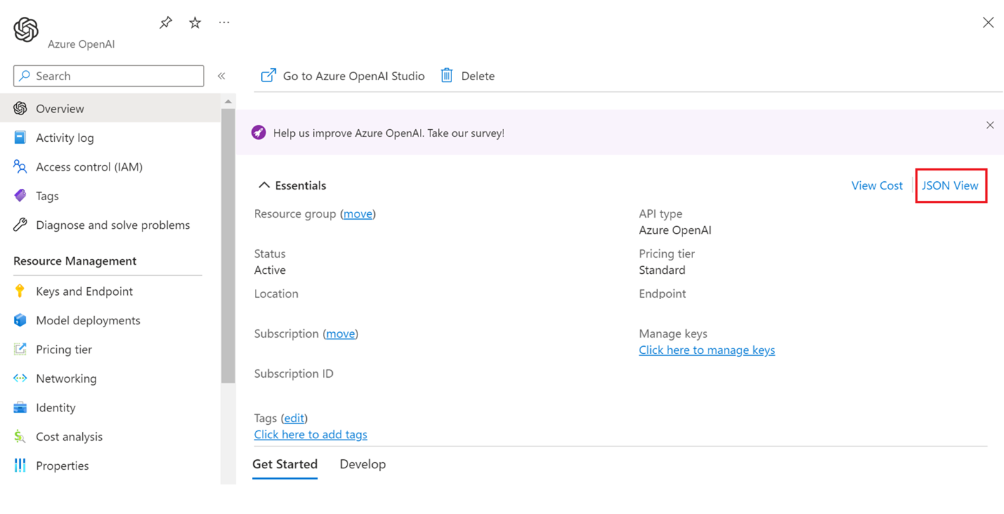 Exibição de status de logging em JSON no portal do Azure.