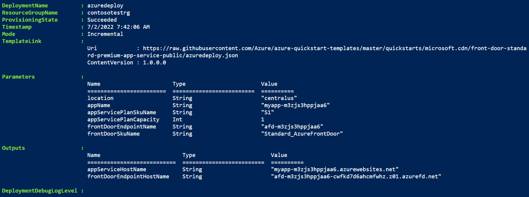 Saída da implantação do PowerShell do modelo do Resource Manager no Front Door