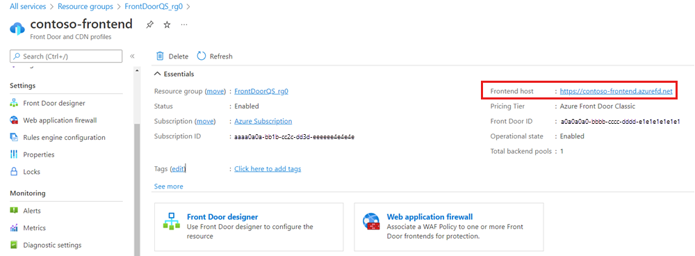 Captura de tela do endereço do host de front-end.