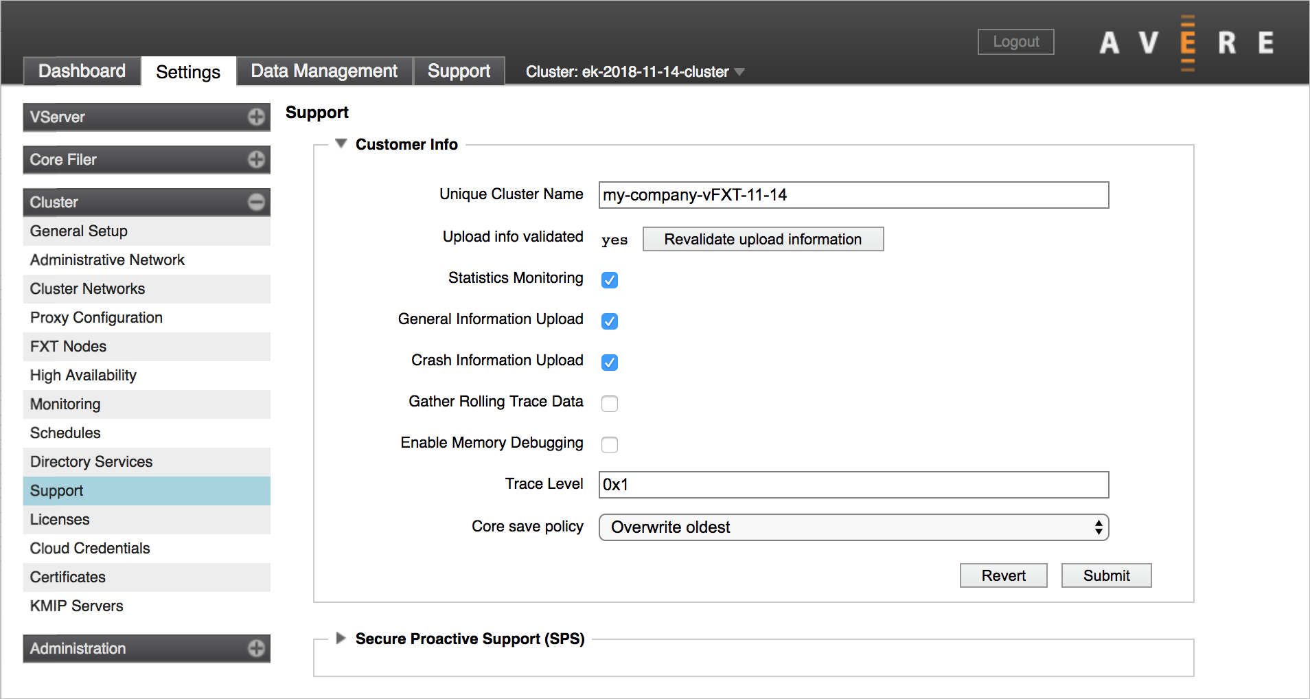 Captura de tela que contém a seção de informações do cliente concluída da página de configurações de suporte