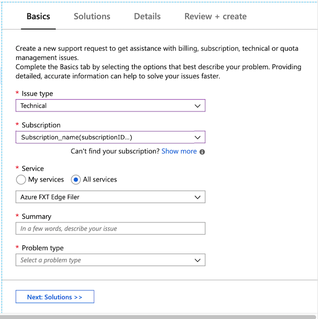Captura de tela do formulário de solicitação de suporte em branco