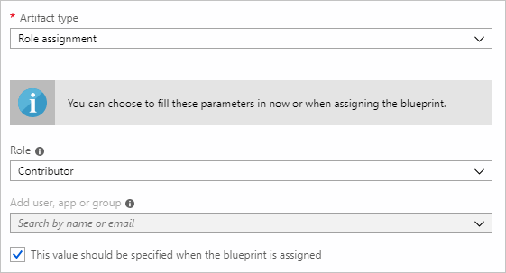 Screenshot of the Role assignment artifact options for adding to a blueprint definition.