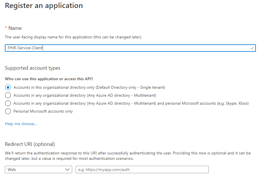portal do Azure. Novo Registro de Aplicativo cliente de serviço.