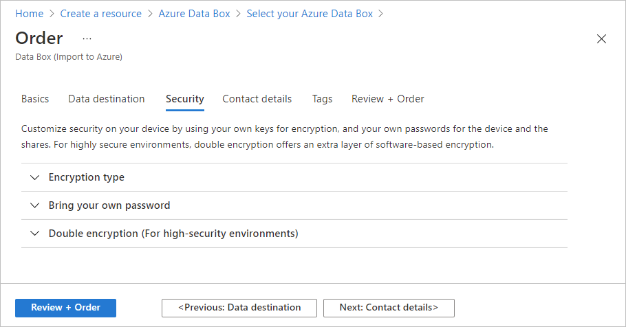 Captura de tela da guia Segurança para um pedido de importação do Data Box. A guia Segurança está realçada.