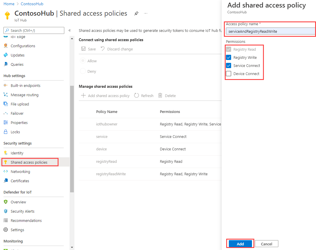 Captura de tela que mostra como adicionar uma nova política de acesso compartilhado
