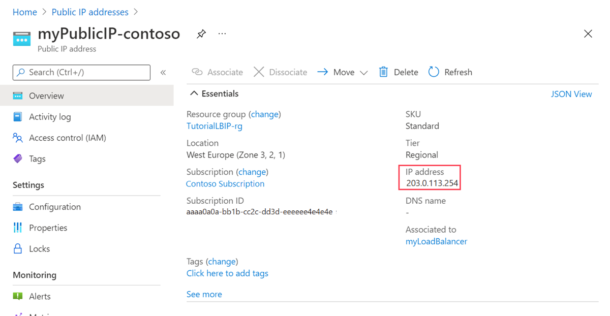 Captura de tela do endereço IP público myPublicIP-fabrikam.
