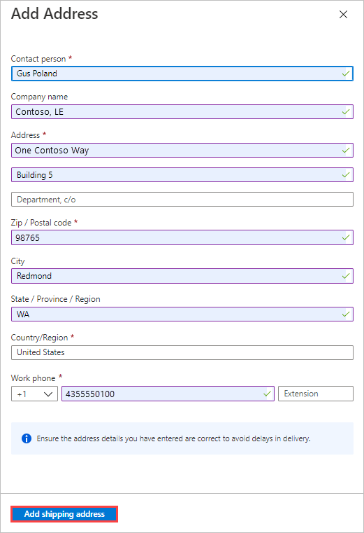 Captura de tela mostrando um endereço na folha Adicionar Endereço de um trabalho de importação no Azure Data Box. O botão Adicionar Endereço de Remessa está realçado.