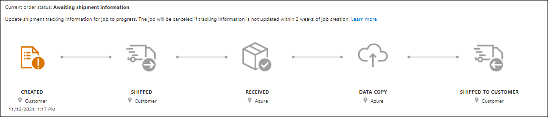 Captura de tela mostrando o acompanhamento do status no painel Visão geral para um trabalho de Importação/Exportação do Azure no portal de Versão prévia.