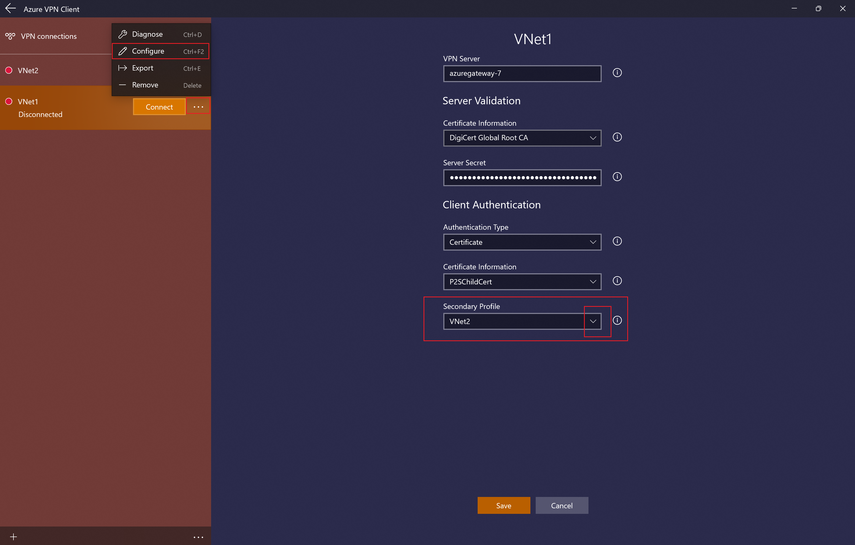 Captura de tela mostrando a página de configuração do perfil do cliente VPN do Azure com perfil secundário.