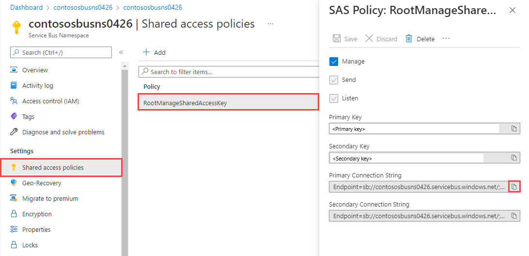 A captura de tela mostra uma política de SAS chamada RootManageSharedAccessKey, que inclui chaves e cadeias de conexão.