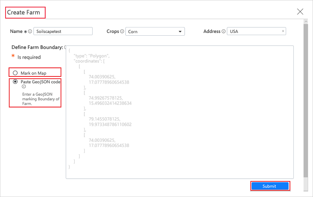 Captura de tela que realça a opção Colar código GeoJson na tela Criar Farm.