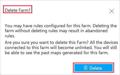 Captura de tela que mostra a tela Excluir Farm e realça o botão Excluir.