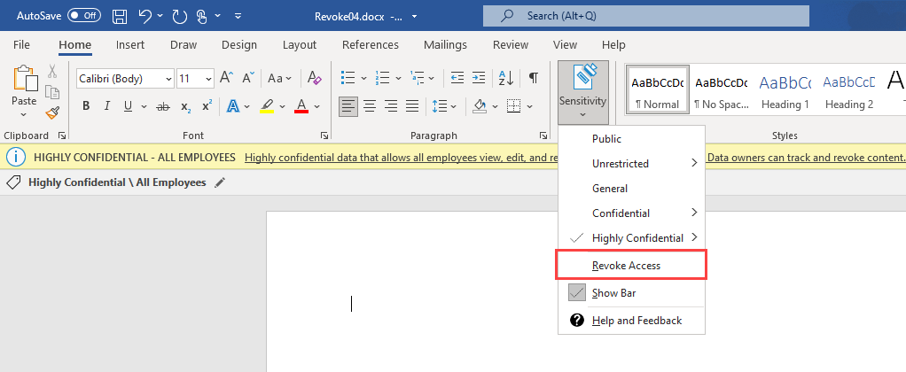 Captura de tela da opção Revogar acesso do Microsoft Word.