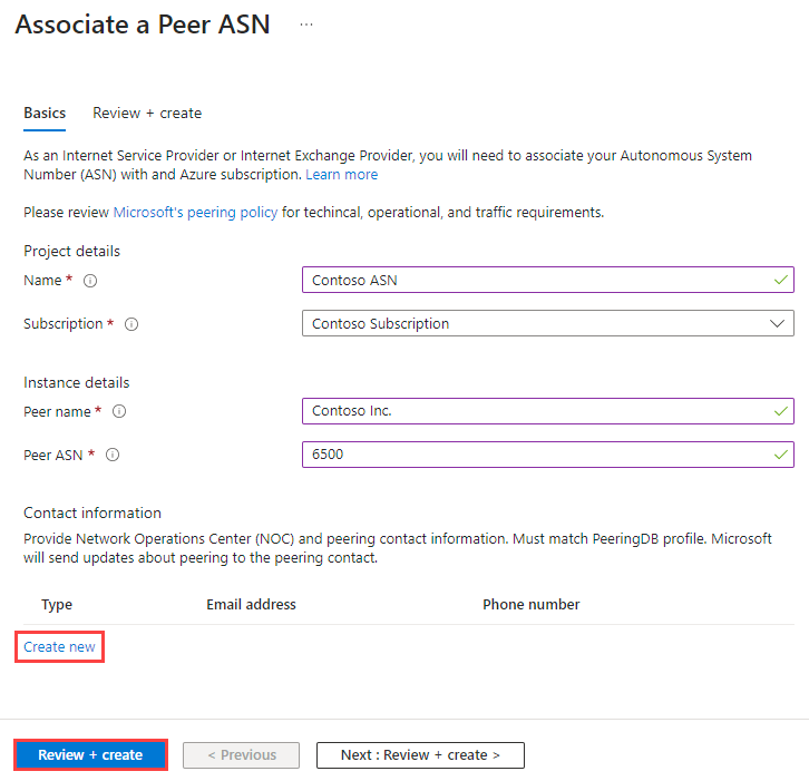 Screenshot shows how to associate a peer ASN in the Azure portal.